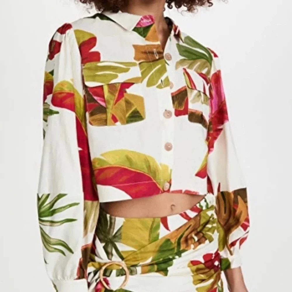 FARM Rio Spring Forest Long Sleeve Linen Blend Top